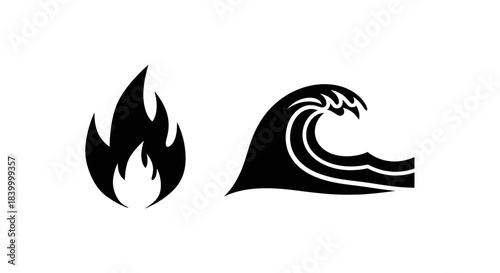 Dynamic elemental symbols fire and water representing power passion and natural forces in bold graphic design