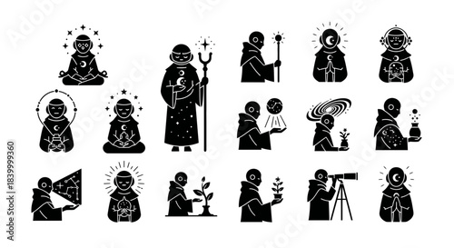 Mysterious figures explore cosmos, study stars, and nurture life embodying esoteric wisdom and celestial discovery