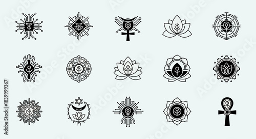 Modern minimalist symbols blending ancient ankh and lotus motifs with futuristic circuit board designs for tech and wellness brands