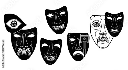 Intriguing steampunk theatrical masks blend classic drama with mechanical complexity, symbolizing hidden emotions and industrial influence.