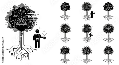 Futuristic digital tree of life symbolizes innovation growth and interconnectedness with human figures nurturing new ideas and progress