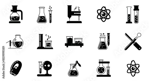 Dynamic collection of science icons featuring laboratory equipment, atomic models, and scientific tools for modern research and education projects.