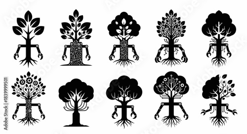 Innovative fusion icons blending organic nature with futuristic robotic elements for technology and sustainability concepts