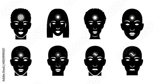 Diverse silhouettes of heads with symbolic chakra and energy representations on foreheads, perfect for wellness and spiritual concepts.