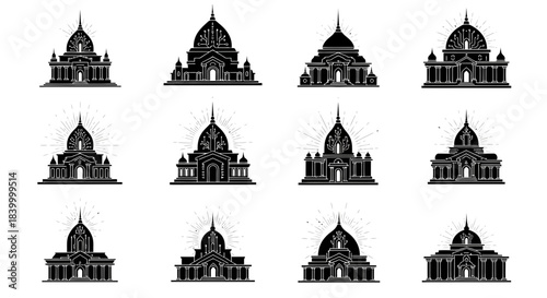 Striking collection of stylized ancient temples and pagodas featuring intricate modern circuit board designs, perfect for tech innovation themes.