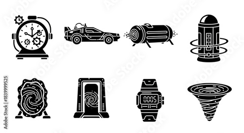 Dynamic collection of futuristic and sci-fi icons evoking adventure, innovation, and the thrill of exploration across time and space.