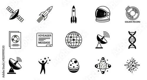 Discover the cosmos with iconic space exploration symbols including Sputnik, rockets, astronaut helmets, DNA, and celestial bodies for science and discovery projects.