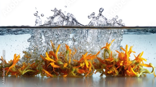 Orange flowers splash in water