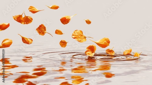 Golden leaves fall into water