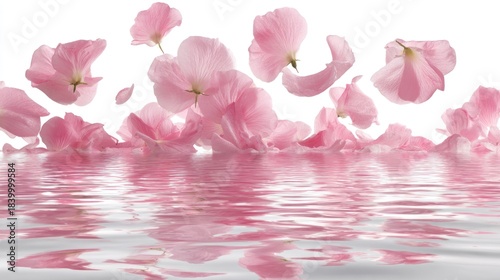 Delicate pink flower petals float above and reflect in water