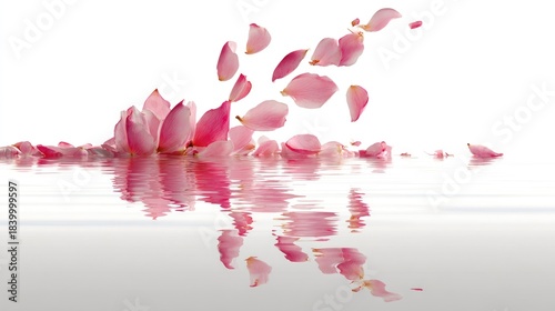 Pink flower petals falling and reflecting in water