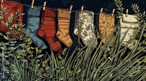 Colorful socks hang on a clothesline at night, surrounded by grass and foliage