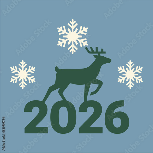 Reindeer Silhouette and Snowflakes with 2026 New Year Vector