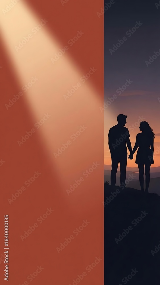 Fototapeta premium Romantic Silhouette of a Couple Holding Hands Watching the Sunset in Nature with Warm Light and Soft Sky