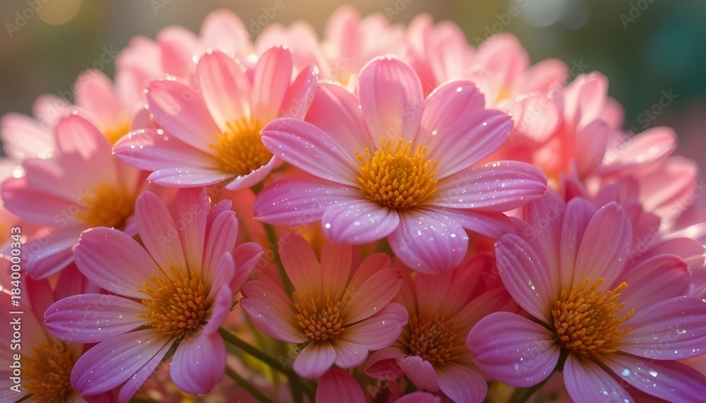 Obraz premium Pink and Yellow Cosmos Flowers Macro with Dew Drops in Soft Sunlight