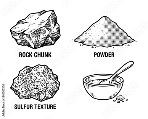 Various forms of minerals including rock, sulfur texture, powder pile, and bowl with spoon elements.