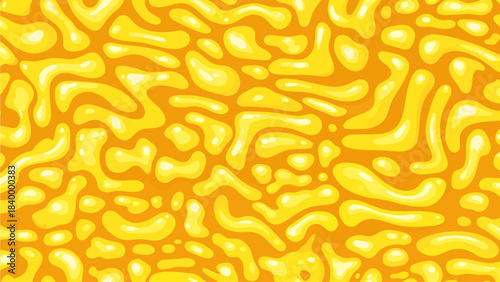 A mesmerizing expanse of glossy, golden-yellow fluid shapes undulates across a warm orange backdrop, creating a vibrant, organic labyrinth of melting, viscous forms that seem to flow endlessly