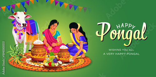 Indian Women Preparing Pongal with Decorated Cow, Festive Flags, and Traditional Clay Pot. Indian Harvest Festival Poster Design Vector Illustration 