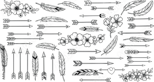 “Collection of hand-drawn floral arrows and feather illustrations with elegant boho line art perfect for decorations, invitations, crafts, tattoos, and creative design projects”
