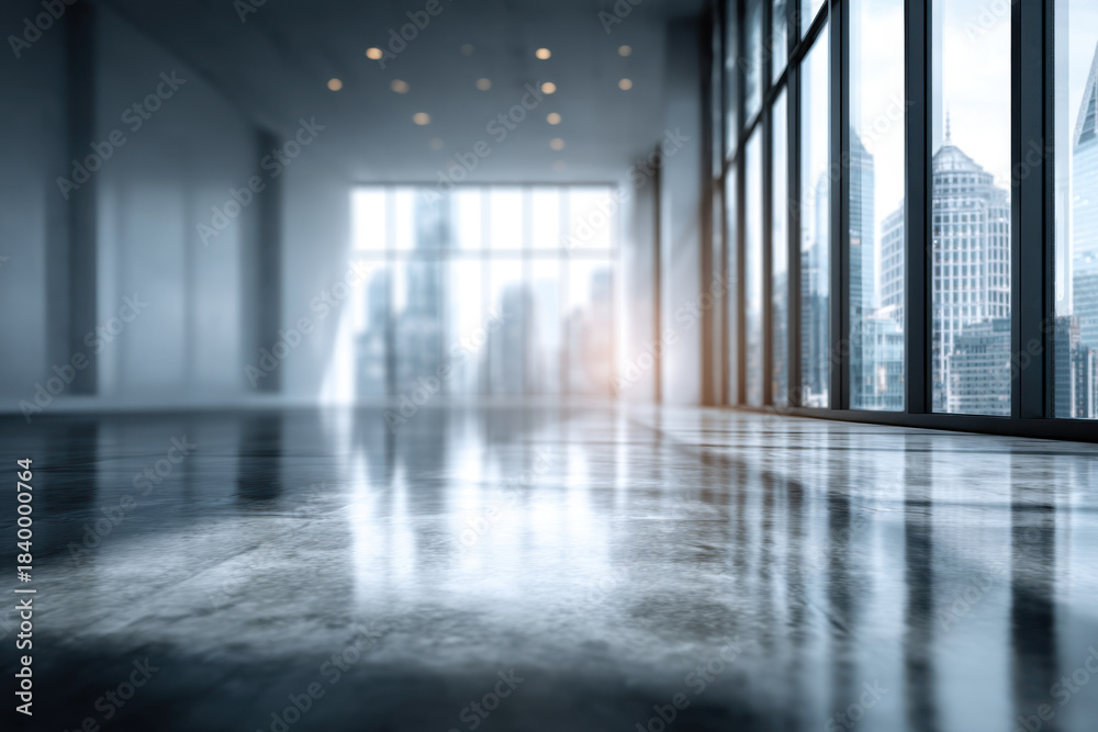 Fototapeta premium Blurred background. Empty open-plan office space. Panoramic window, day light. Business interior.