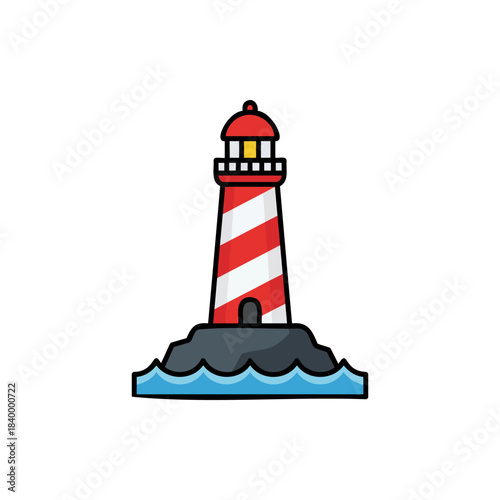 Striped lighthouse vector icon in bold line cartoon style with red and white bands