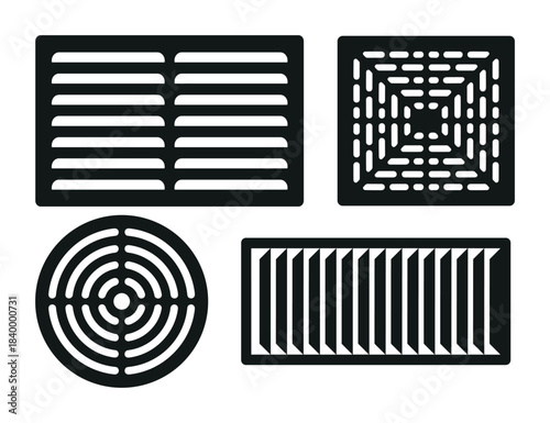 Ventilation grilles set, drainage grates, air vent covers, floor drain grates vector illustration