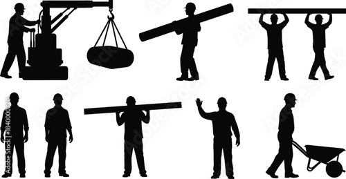 Construction worker icon set, black silhouette figures performing manual labor and lifting tasks, cad drawing flat vector illustration