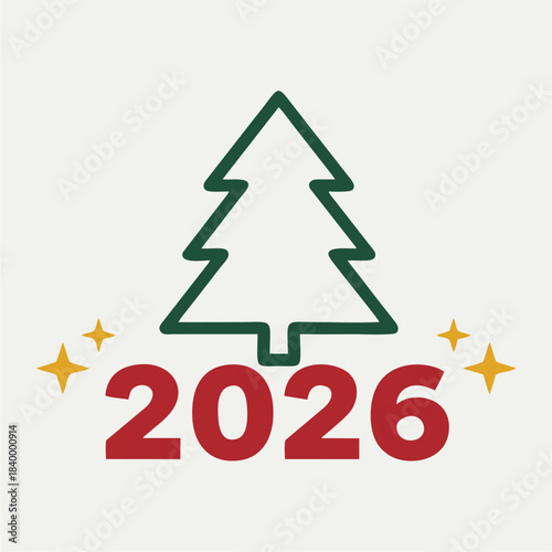 Minimalist Christmas Tree Outline with 2026 New Year Vector
