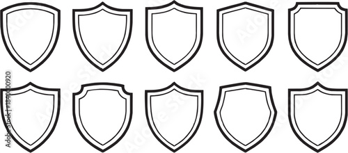 Shield badge line icon set. Protection, security and defense emblem symbols. Vector illustration.
