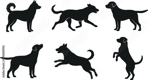 Dog silhouette vector set showing various poses, playful active pet illustrations for design, branding and decoration, cad drawing flat vector illustration