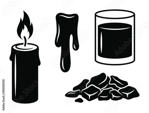 Wax elements, burning candle, melted drip, liquid in glass, solid pieces, material states illustration
