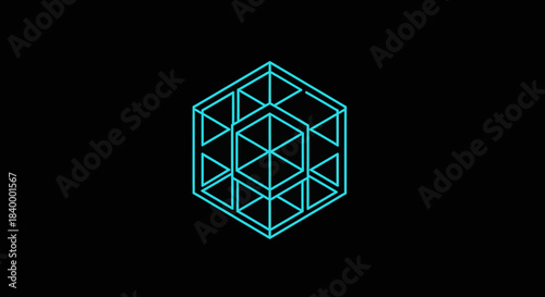 Abstract Geometric Hexagon Blue Contour Against A Black Background Design Concept