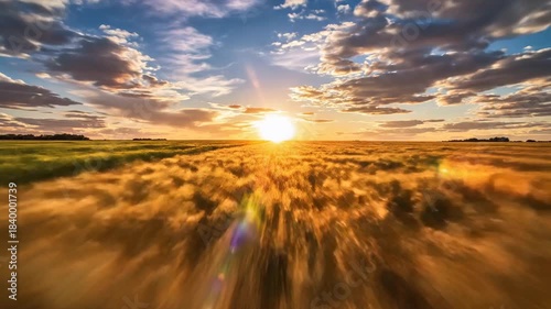 Golden Hour Sunset Over Vast Wheat Field with Dramatic Clouds.