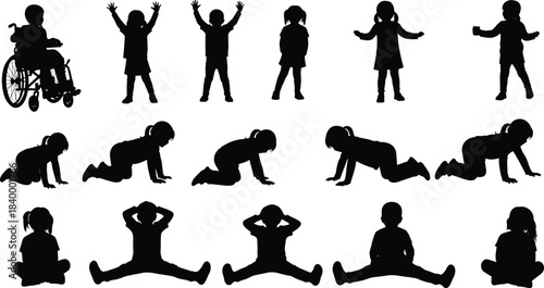 Inclusive children silhouette poses, crawling, sitting, standing, wheelchair figure, posture diversity, cad drawing flat vector illustration, black icons