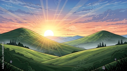 Sunrise Over Green Hills stock illustration