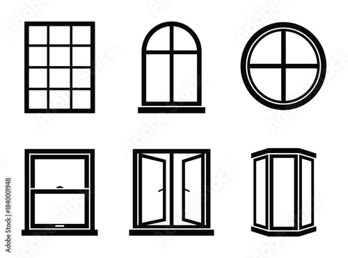 Windows frame vector icon set. Different shapes and styles. House exterior elements.