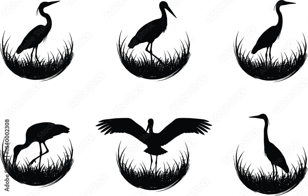 Fototapeta premium Silhouette heron and crane bird designs in grass, elegant wildlife symbols for branding and decoration – CAD drawing flat vector illustration