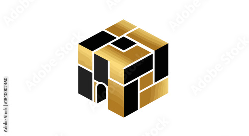 Abstract Geometric Illustration of a Cube-Shaped Structure in Black And Gold Tones