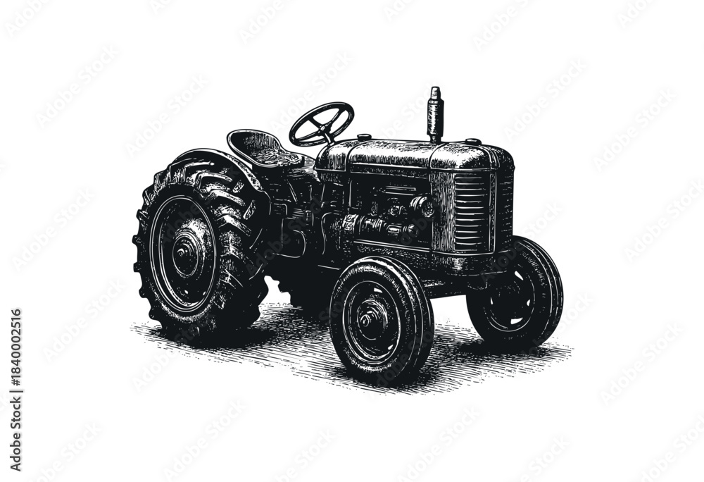 Obraz premium Detailed black and white illustration of a classic farm tractor in an engraved, retro style, representing agricultural heritage and rural machinery — stock vector.