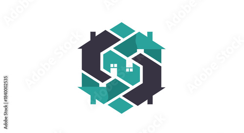 Abstract Geometric Illustration of Interlocked Houses Representing Real Estate Collaboration