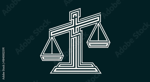 Abstract Geometric Illustration of Justice Scales on Dark Teal Background Design