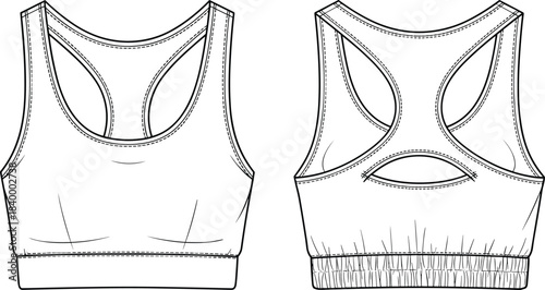 Sports bra fashion sketch, technical front and back view with racerback and keyhole detail, cad drawing flat vector illustration