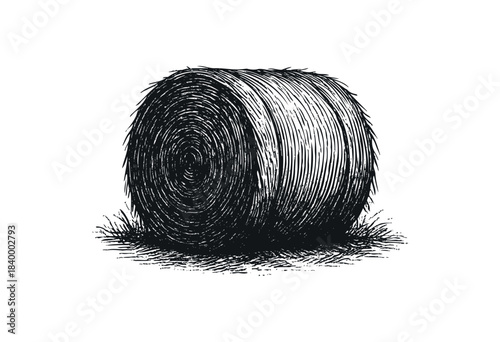 A detailed, vintage-style black and white engraving of a round hay bale, resting on sparse straw and isolated on a white background — stock illustration.