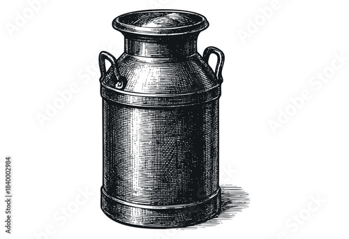 A hand-drawn vintage milk churn or dairy can, rendered in a classic engraving style, isolated on a white background — stock vector.
