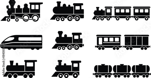 Train silhouette icons set, steam locomotive, high-speed rail, boxcar, tanker, cad drawing flat vector illustration, black transport graphic