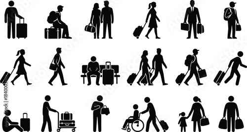 Travel people silhouettes with luggage icons set, diverse passengers walking waiting airport scenes, cad drawing flat vector illustration design collection