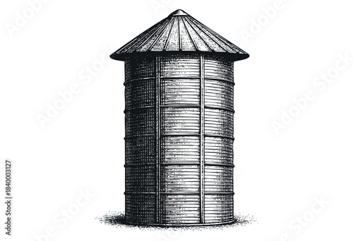 Hand-drawn agricultural grain silo with a conical roof, rendered in a vintage woodcut illustration technique on a white background — stock vector.