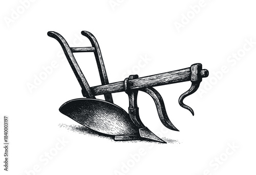 An antique wooden plow, rendered in a detailed hand-drawn engraving style on a white background — stock vector.