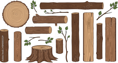 Tree element icon set, wood logs, branches, stumps, and cross-sections with leaves, cad drawing flat vector illustration