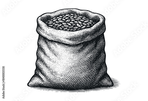A hand-drawn, black and white illustration of a rustic burlap sack brimming with grains or beans, rendered in a classic engraving style — stock illustration.